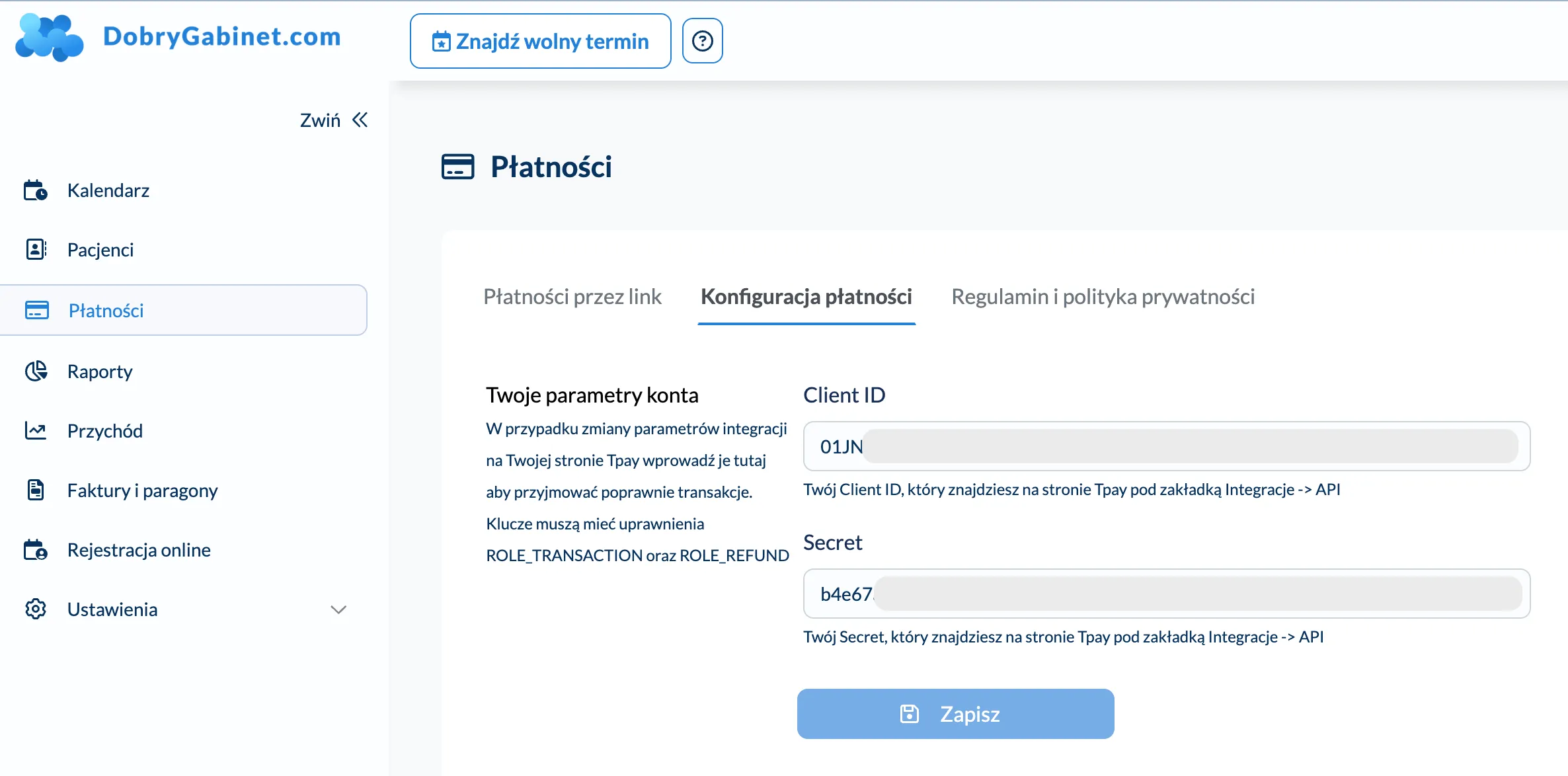 Ekran konfiguracji Tpay w DobrymGabinecie
