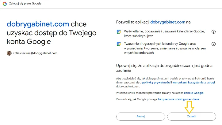 Zezwolenie DobremuGabinetowi na dostęp do konta Google