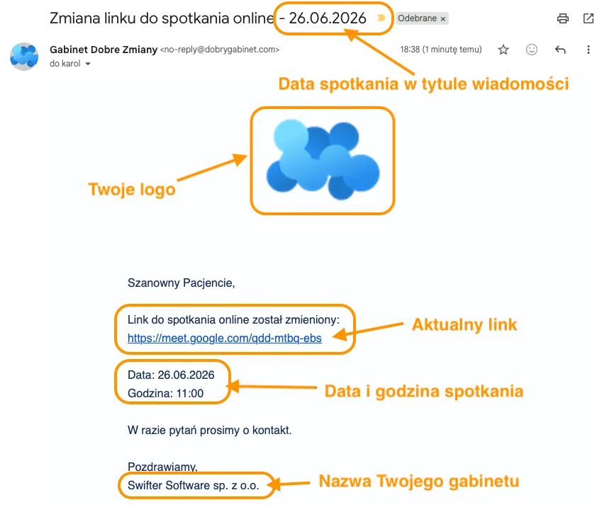 Wiadomość e-mail z linkiem do wideorozmowy