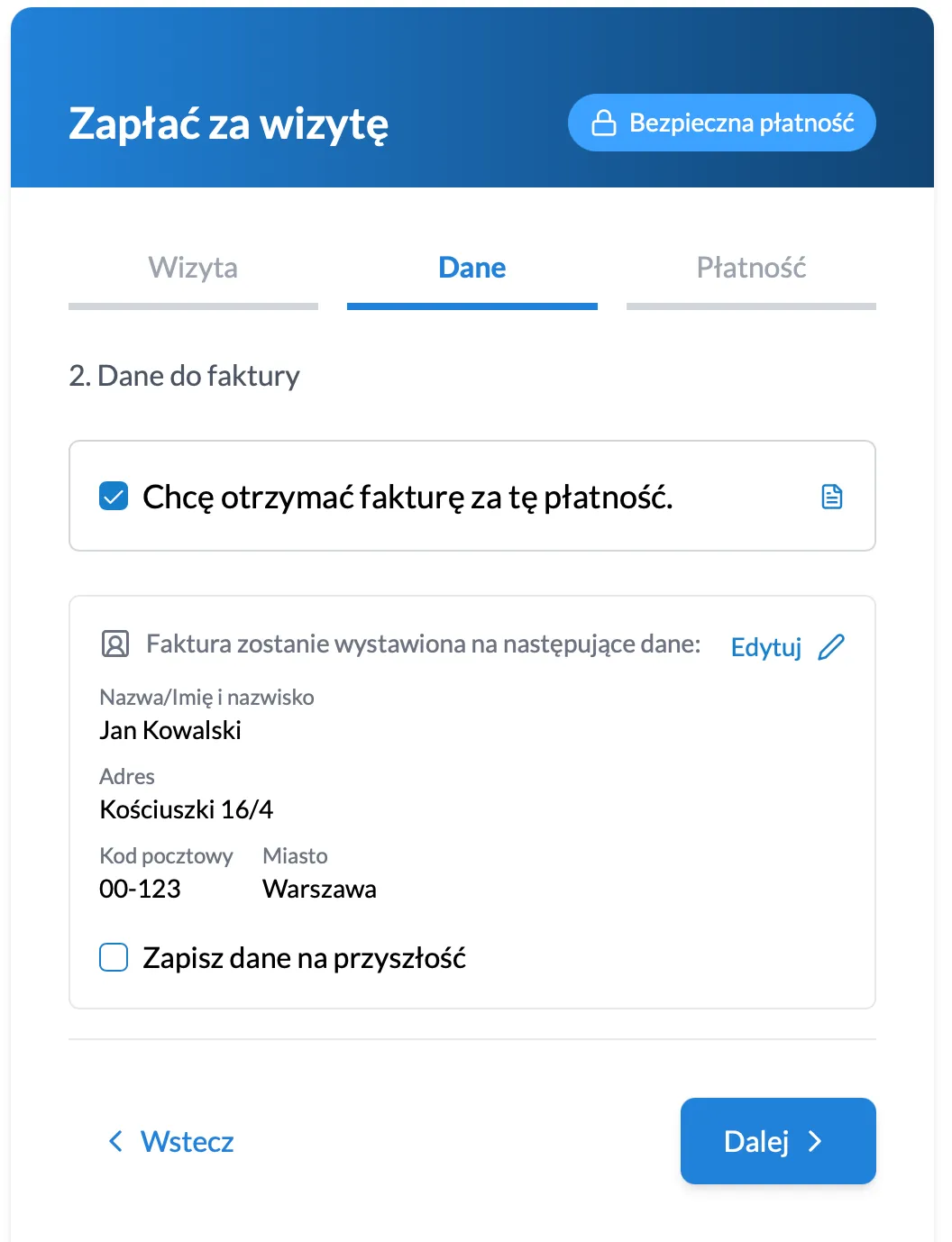 Dane do faktury podawane przez pacjenta podczas płatności online