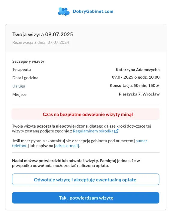 Ekran potwierdzenia lub odwołania wizyty przez pacjenta po terminie