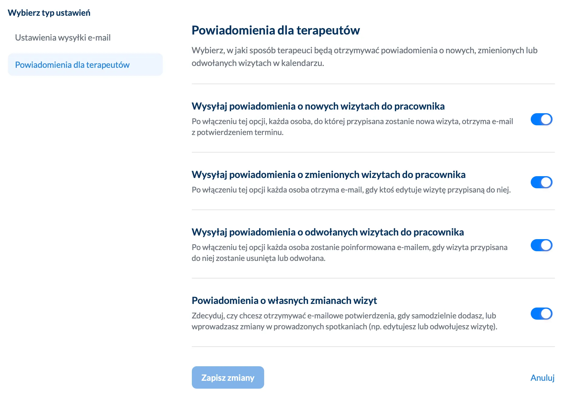 Powiadomienia email dla terapeutów