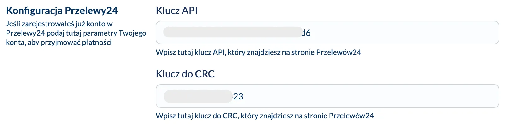 Ustawienia klucza API i CRC