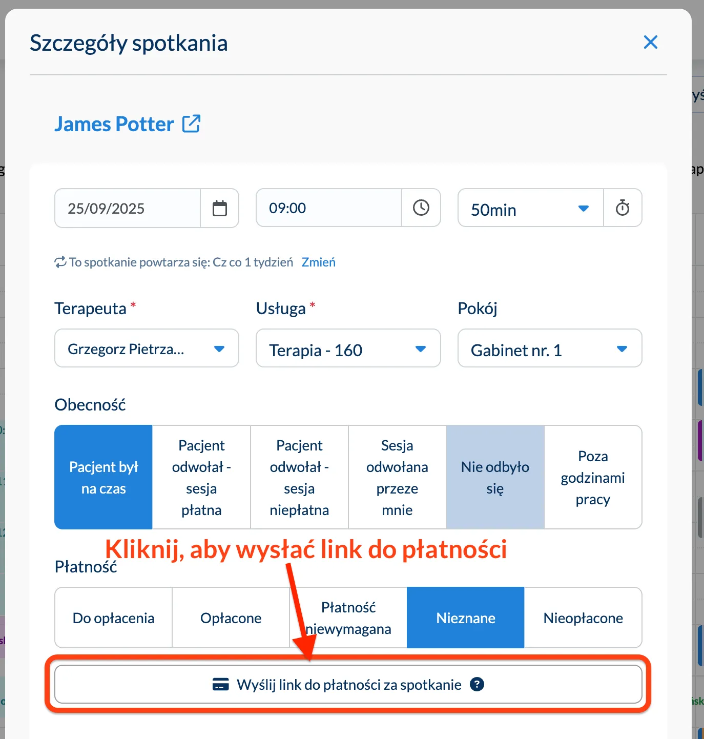 Wyślij link do płatności z poziomu szczegółów spotkania w kalendarzu