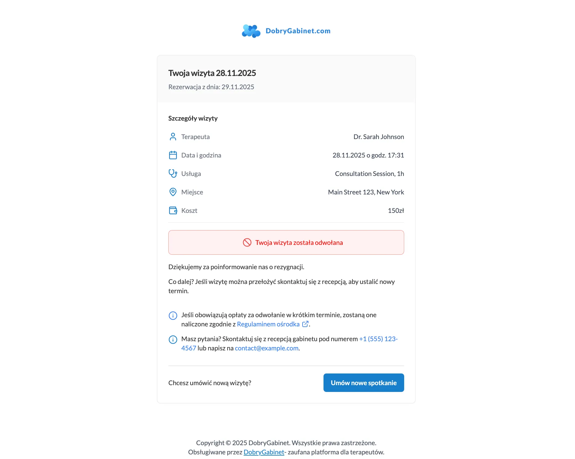 Spotkanie zostało odwołane przez pacjenta za pośrednictwem SMS