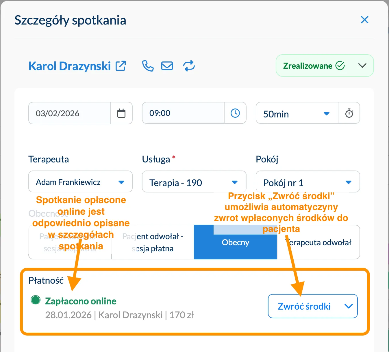Widok opłaconego spotkania w kalendarzu