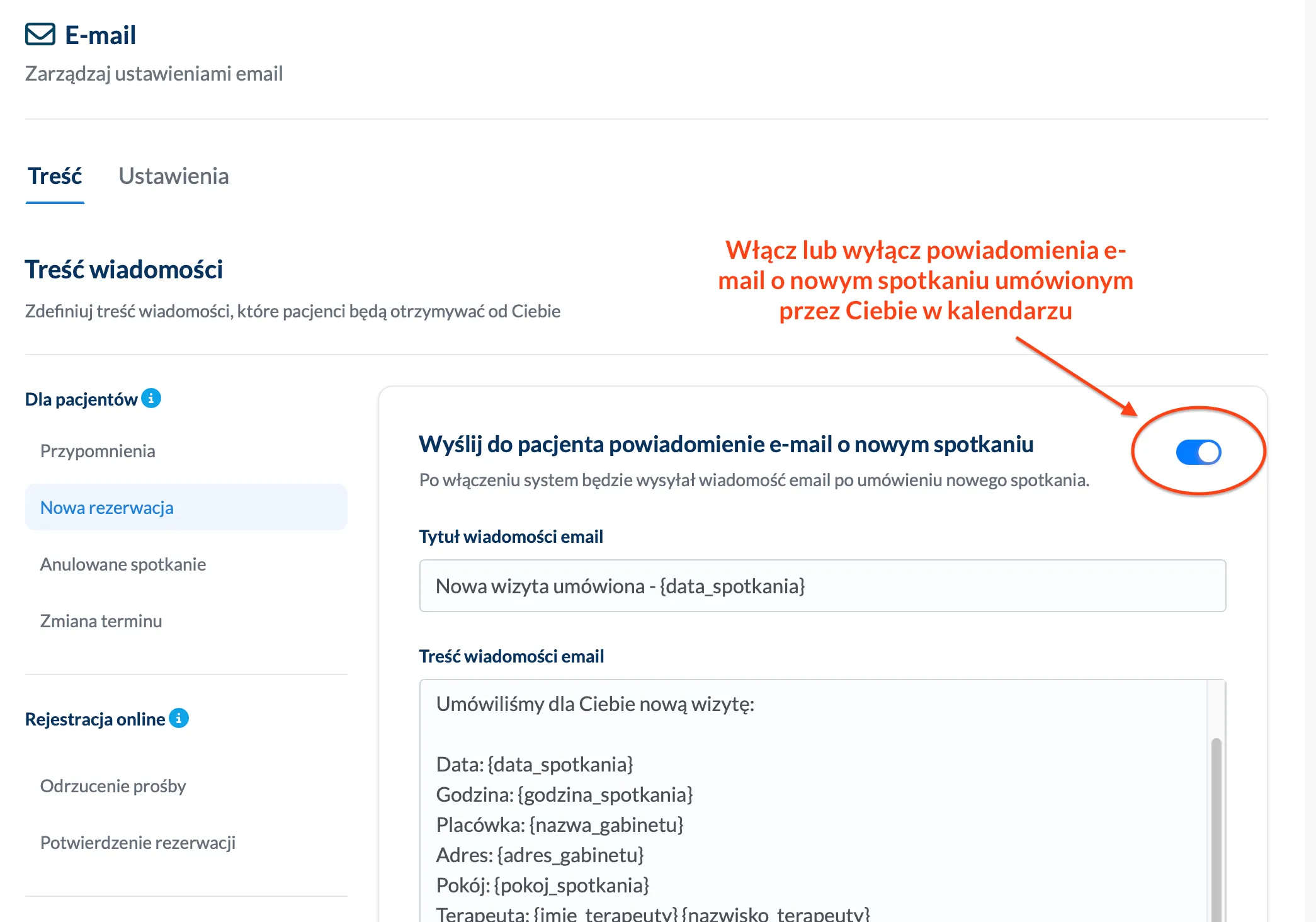 Włącz lub wyłącz wiadomość e-mail o nowym spotkaniu