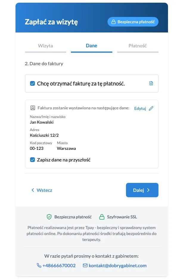 Krok drugi formularza płatności, w którym można dodać dane do faktury