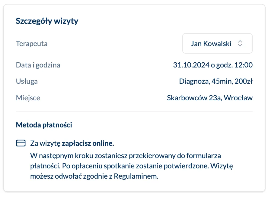 Płatność online w formularzu rezerwacji terminu