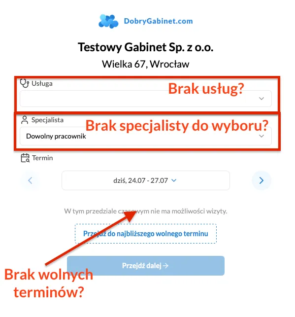 Formularz rejestracji pacjentów nie działa