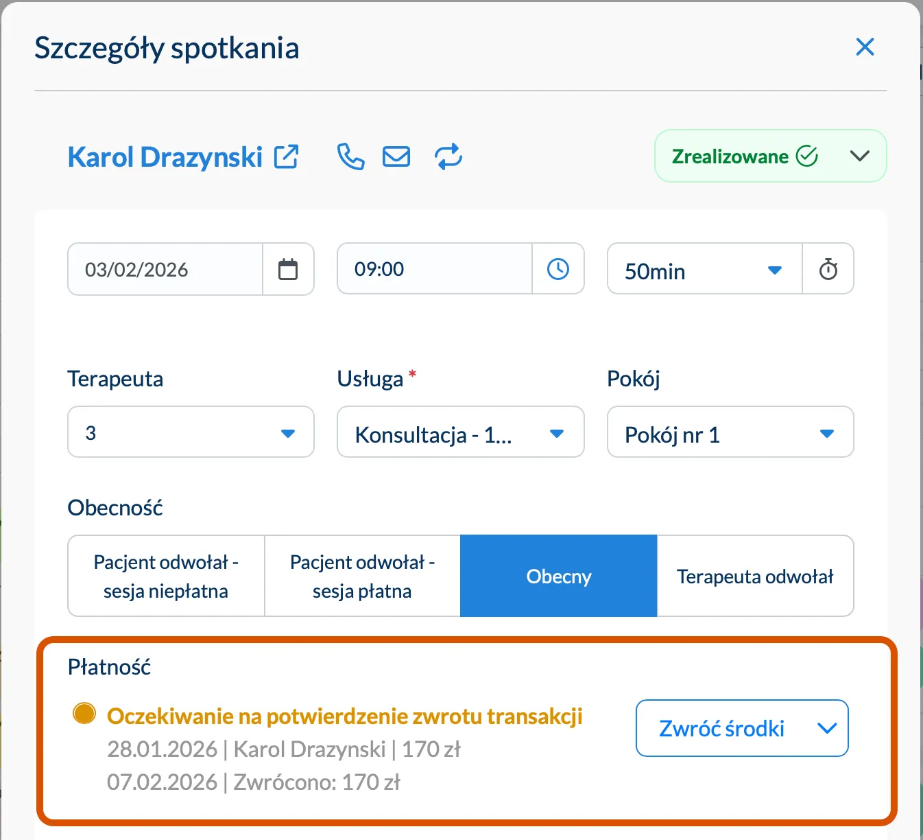 Widok statusu oczekiwania na zwrot