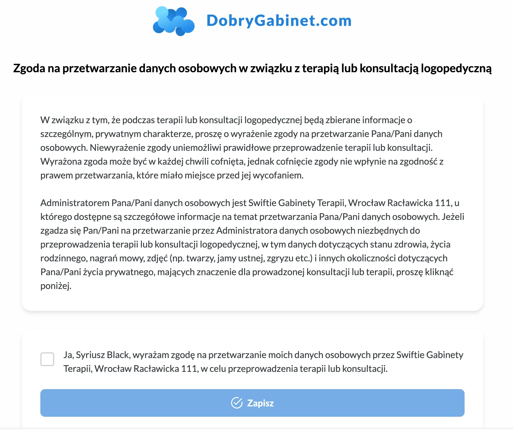 Wiadomość o zgodnie RODO