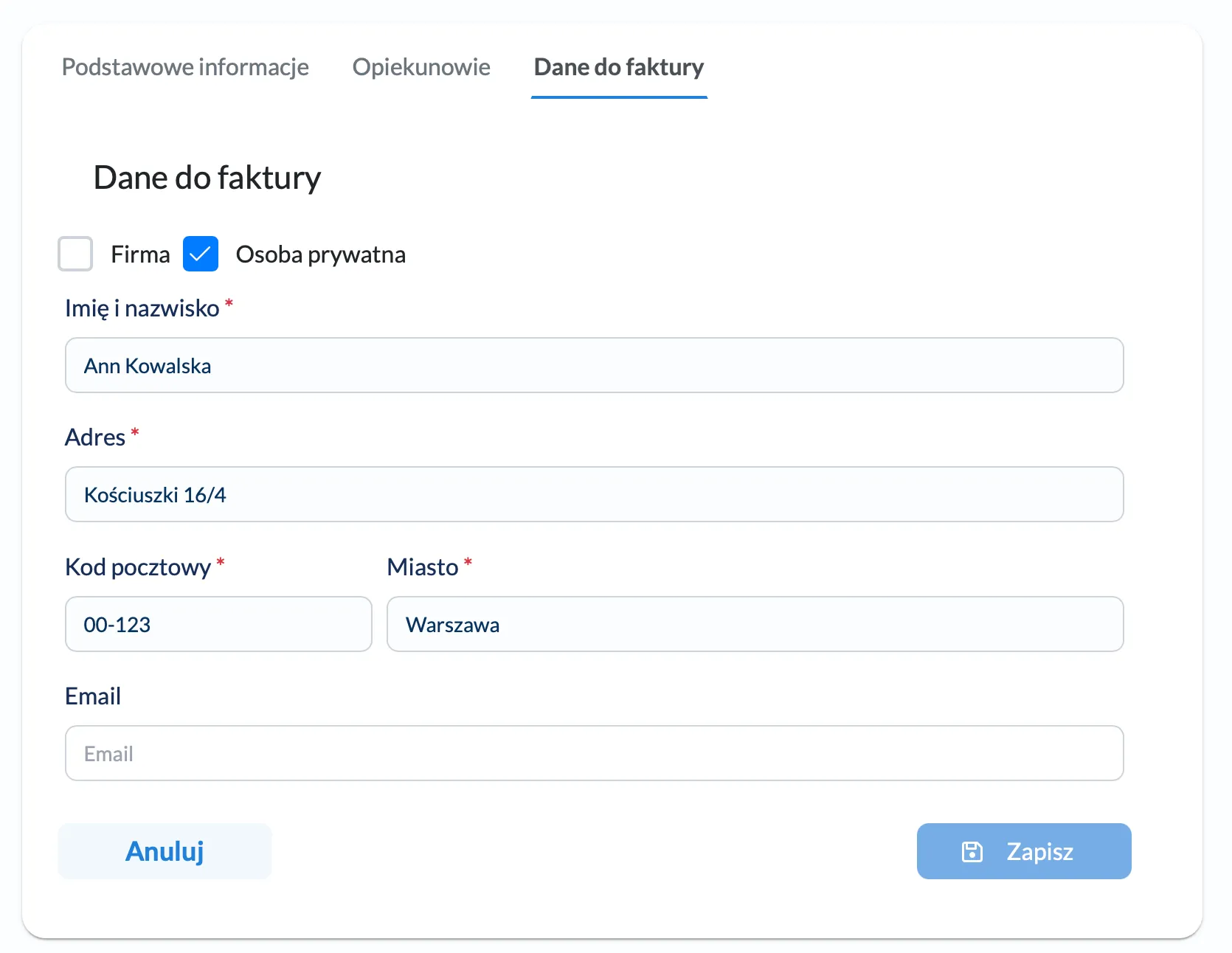Zapisane dane do faktury widoczne w DobrymGabinecie