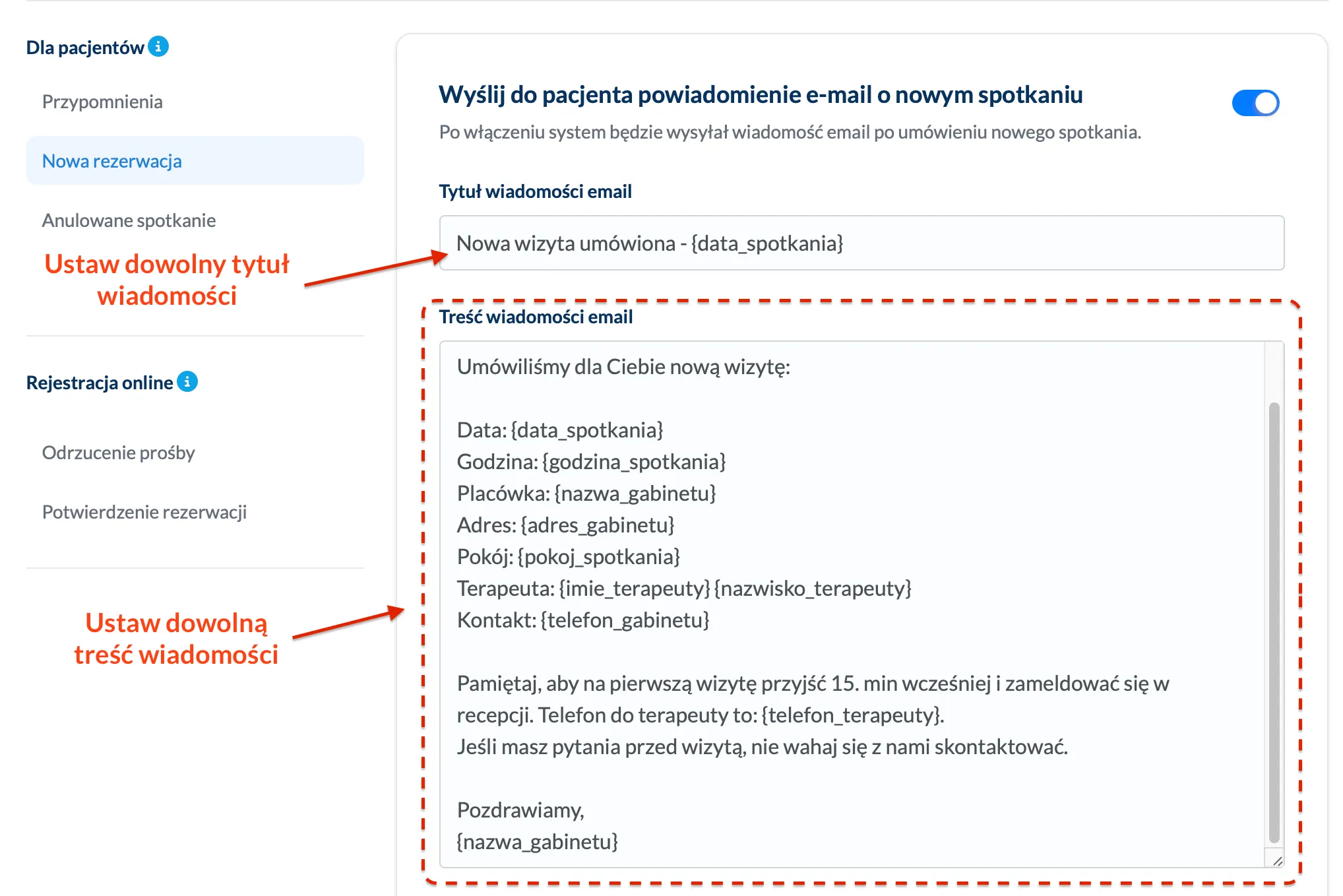 Włącz lub wyłącz wiadomość e-mail o nowym spotkaniu