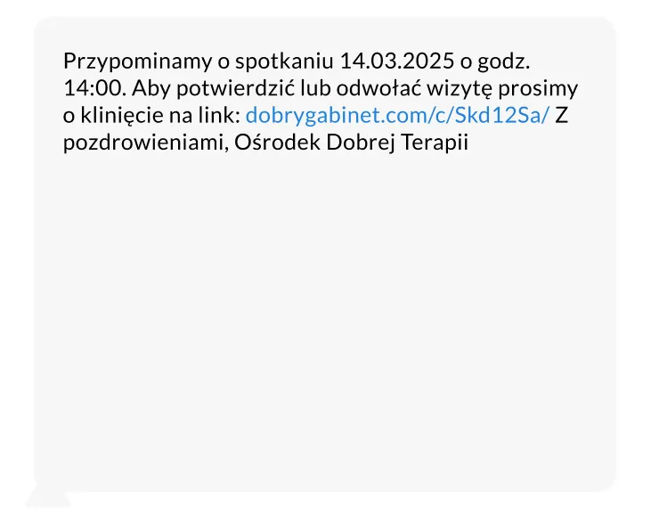 Przykładowa wiadomość SMS z linkiem do potwierdzenia wizyty