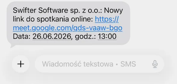 Wiadomość SMS z linkiem do wideorozmowy