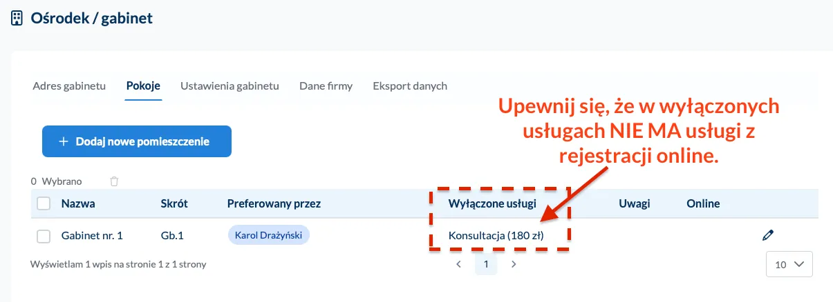 Pokój jest dostępny i nie ma wyłączenia dla danej usługi