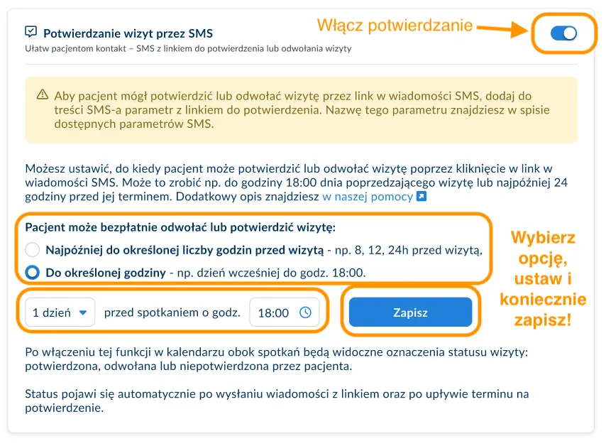 Włącznik potwierdzania wizyt przez SMS w ustawieniach SMS